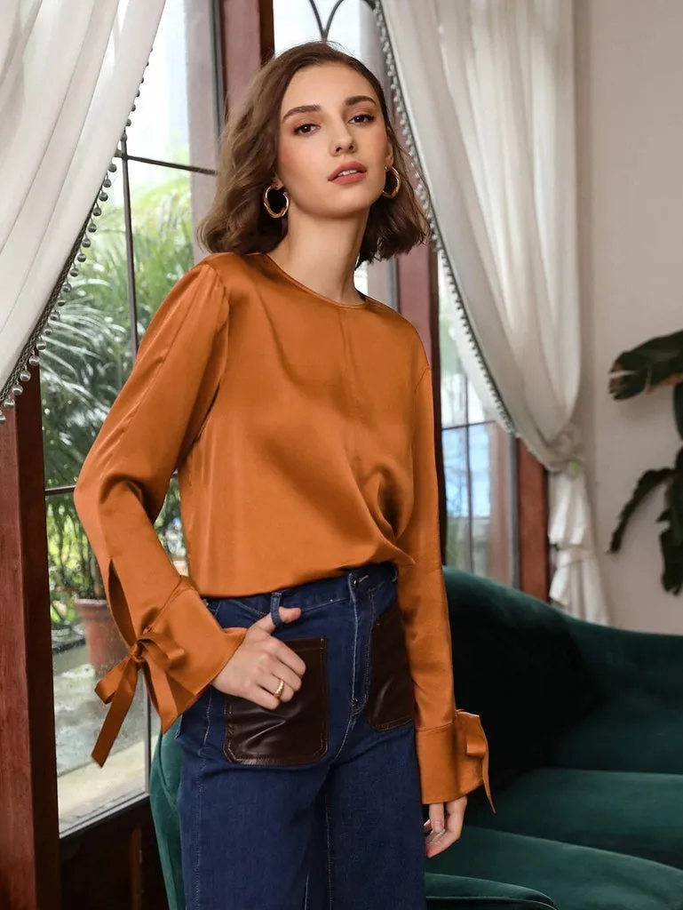 100% Silk Slit Sleeve Straight Fit Top Silk Blouse for Women