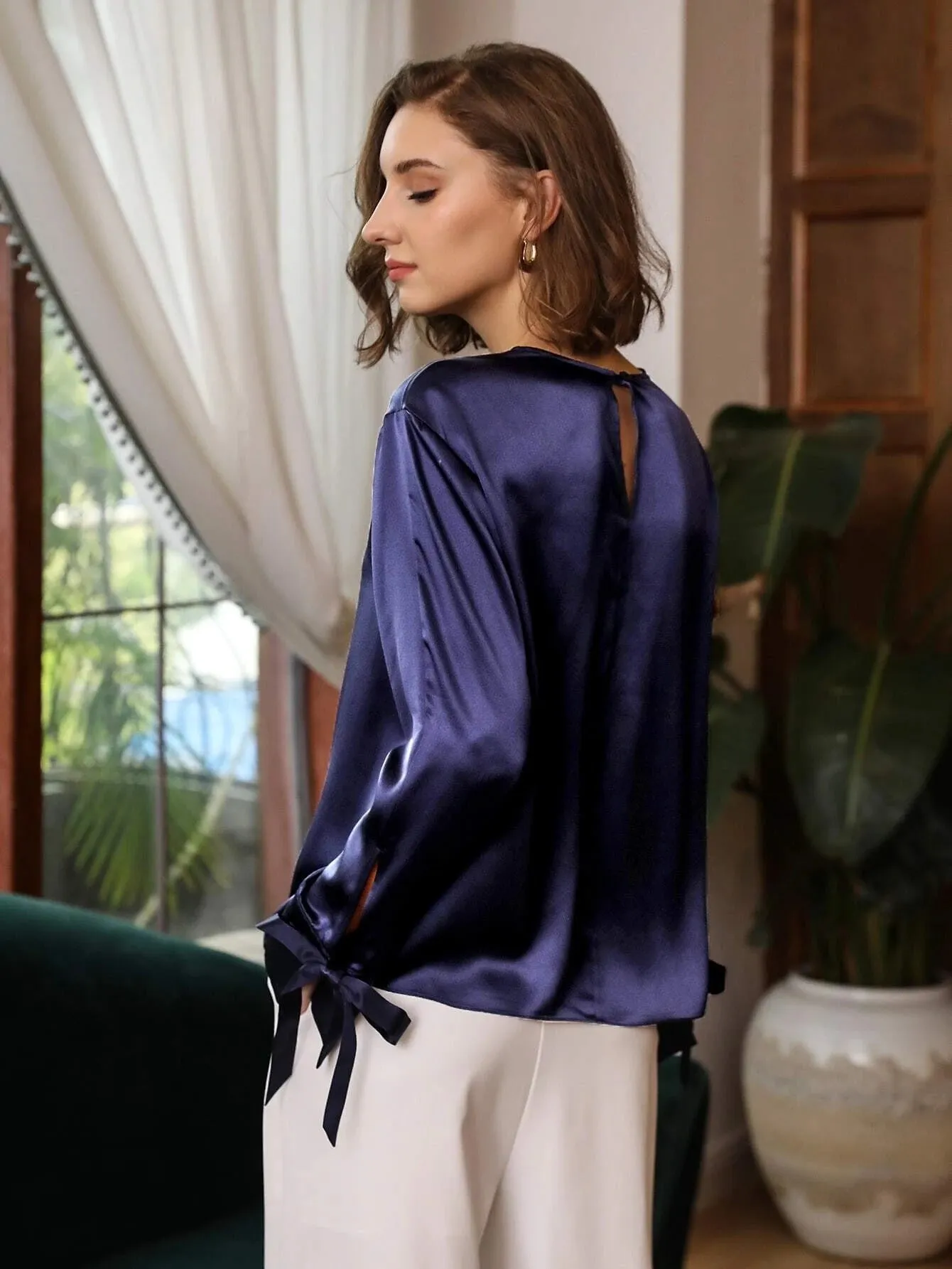 100% Silk Slit Sleeve Straight Fit Top Silk Blouse for Women