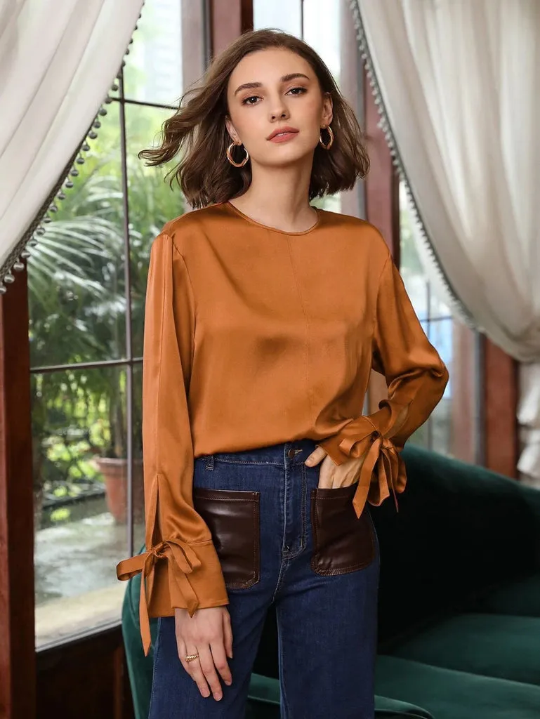 100% Silk Slit Sleeve Straight Fit Top Silk Blouse for Women