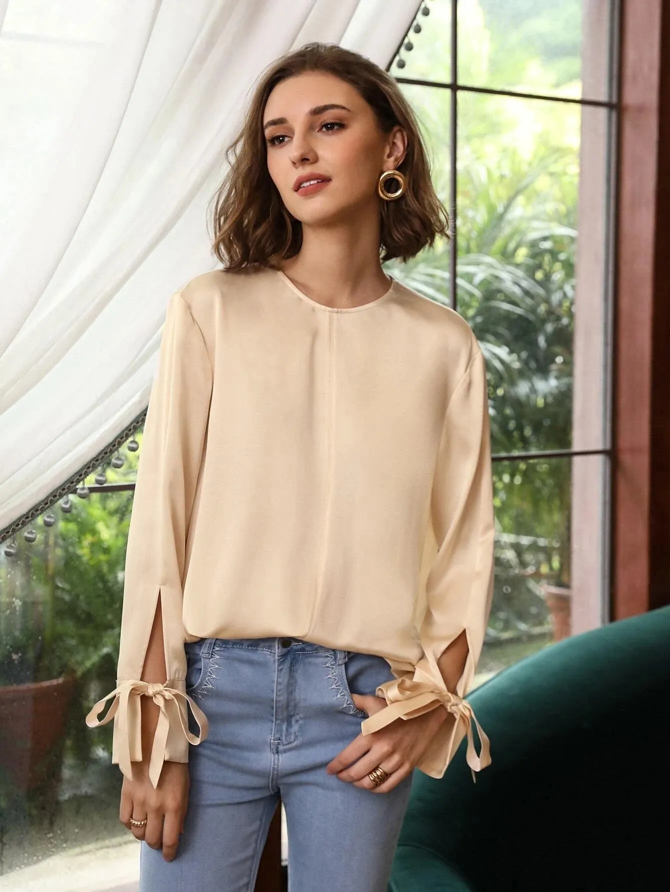 100% Silk Slit Sleeve Straight Fit Top Silk Blouse for Women