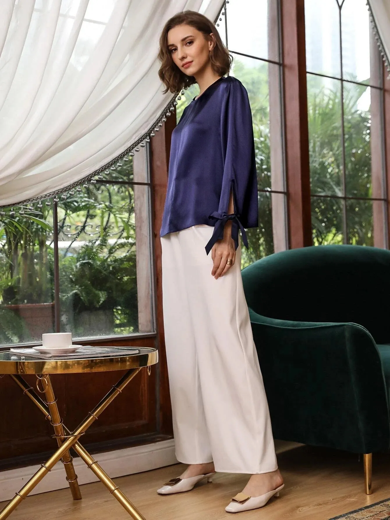100% Silk Slit Sleeve Straight Fit Top Silk Blouse for Women