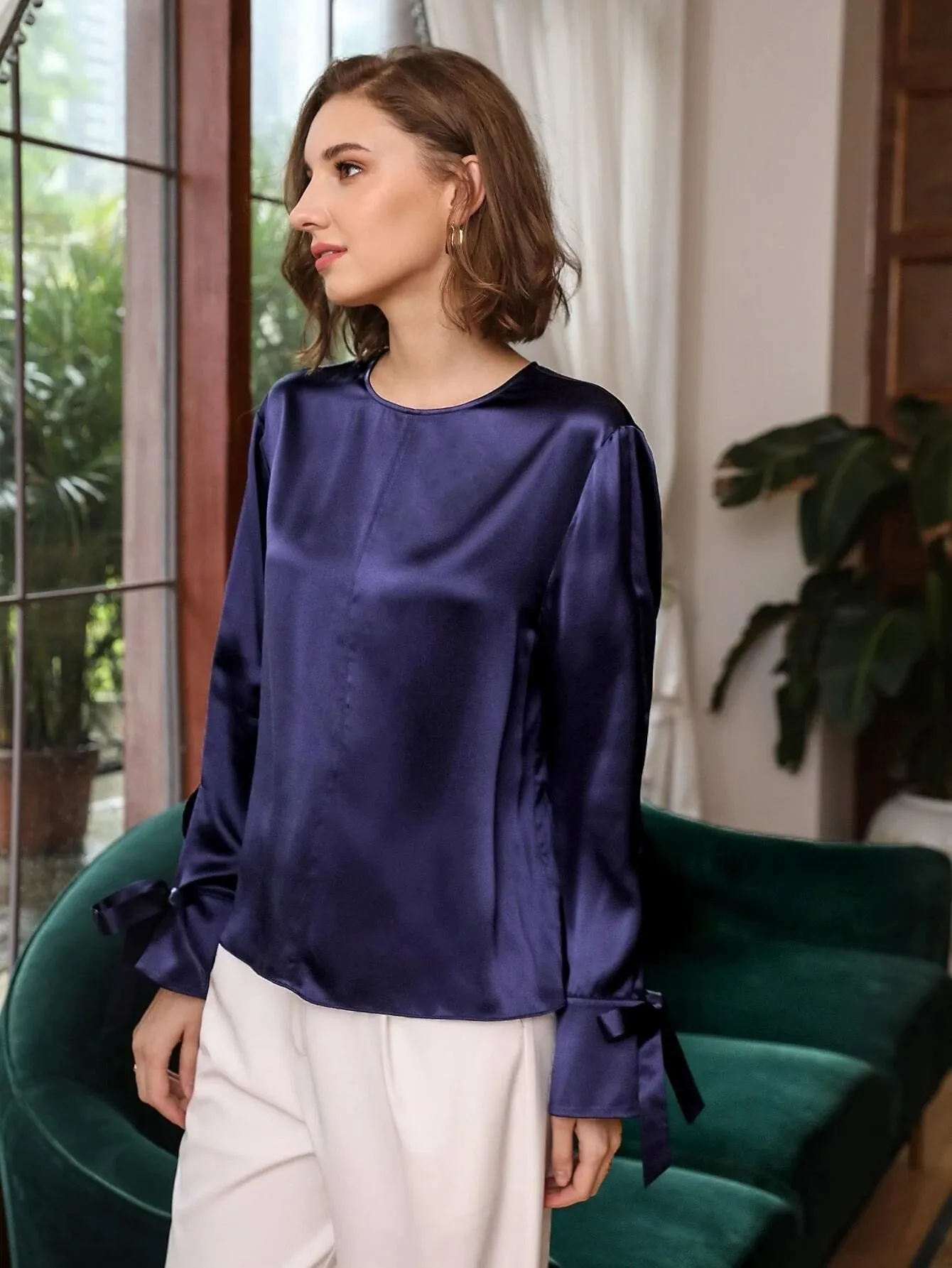 100% Silk Slit Sleeve Straight Fit Top Silk Blouse for Women
