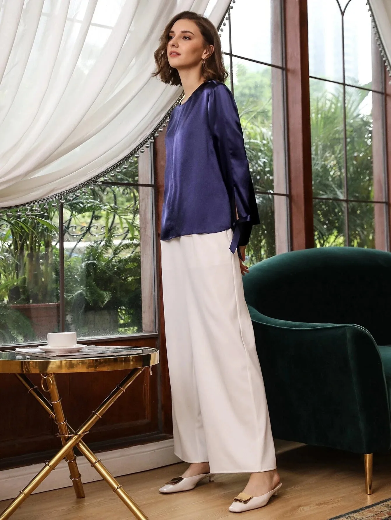 100% Silk Slit Sleeve Straight Fit Top Silk Blouse for Women