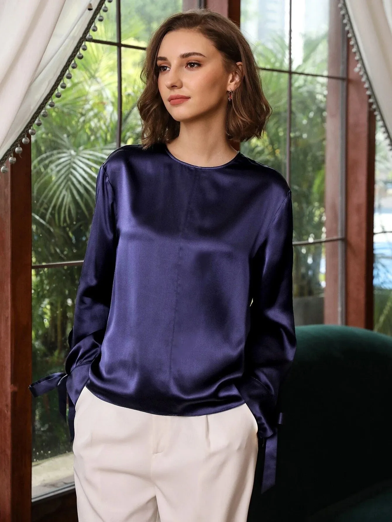 100% Silk Slit Sleeve Straight Fit Top Silk Blouse for Women