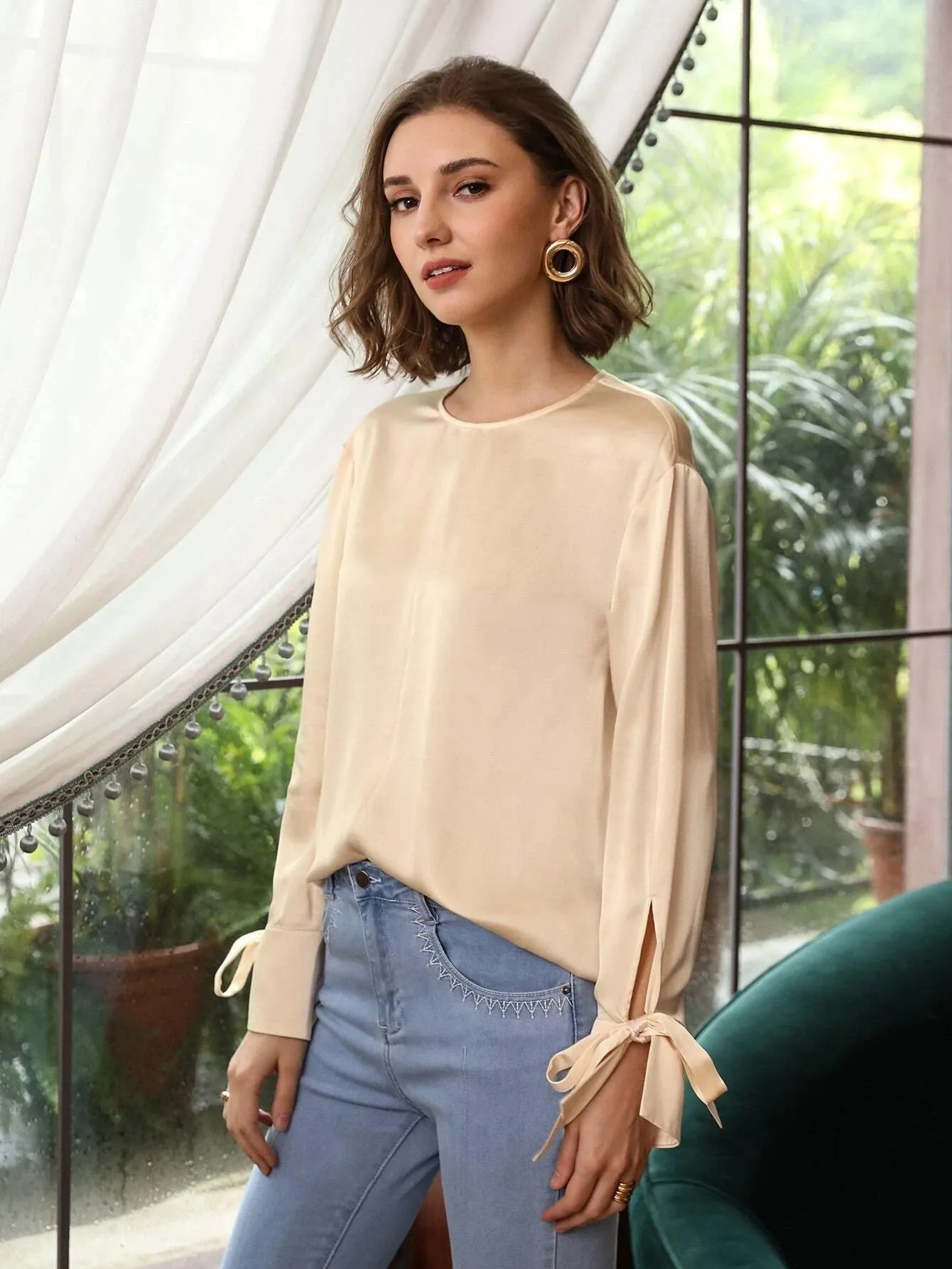 100% Silk Slit Sleeve Straight Fit Top Silk Blouse for Women
