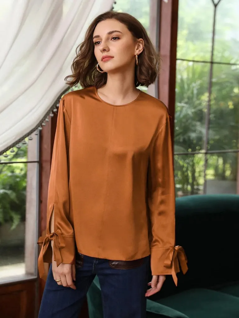 100% Silk Slit Sleeve Straight Fit Top Silk Blouse for Women