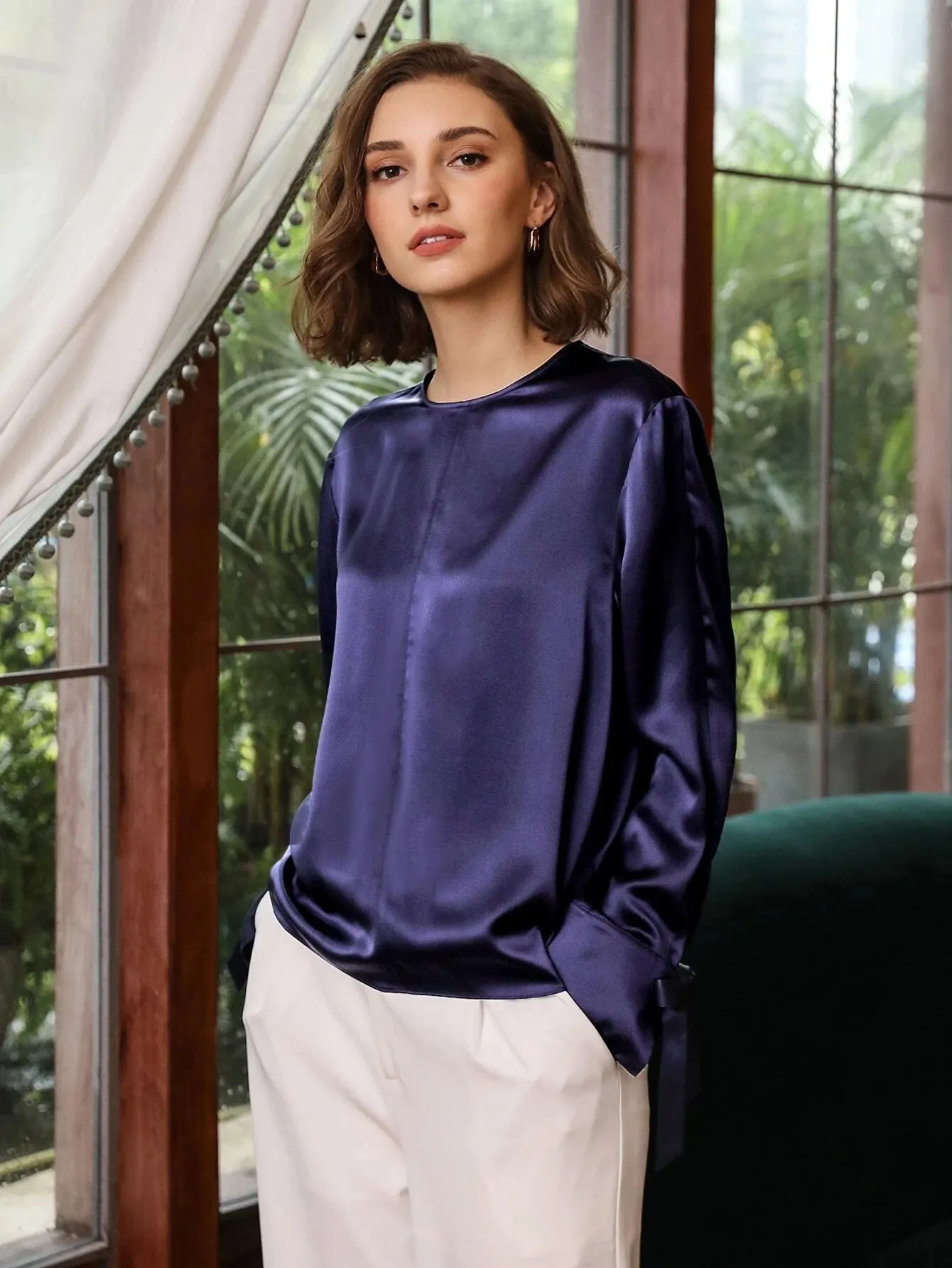 100% Silk Slit Sleeve Straight Fit Top Silk Blouse for Women