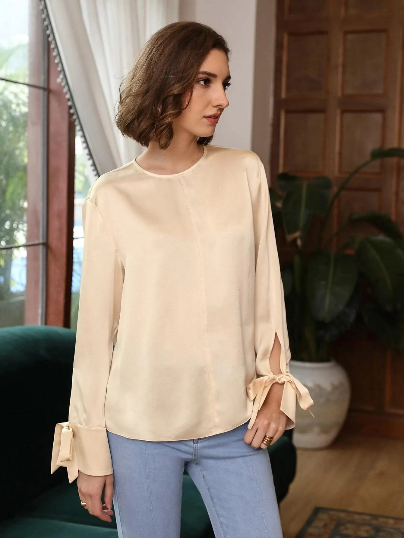 100% Silk Slit Sleeve Straight Fit Top Silk Blouse for Women