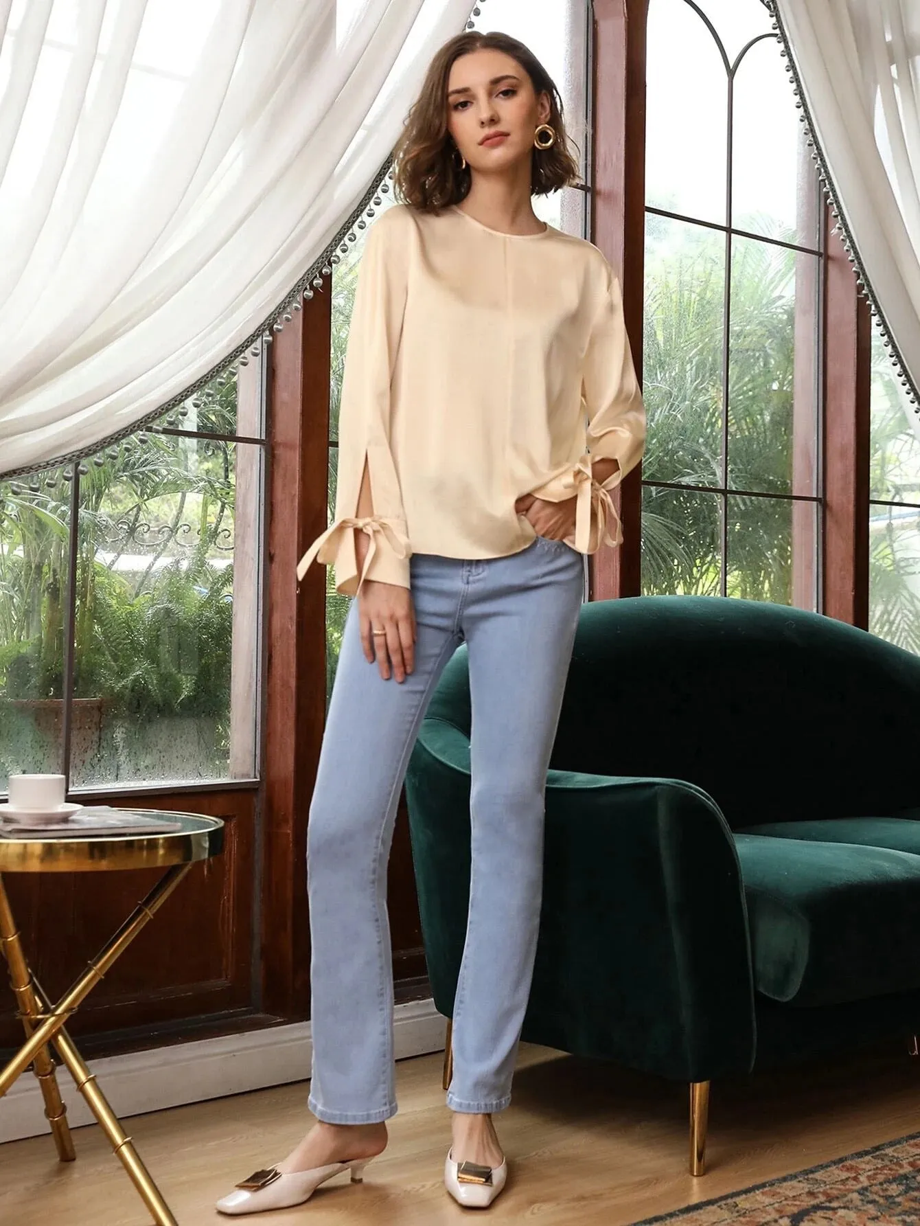 100% Silk Slit Sleeve Straight Fit Top Silk Blouse for Women