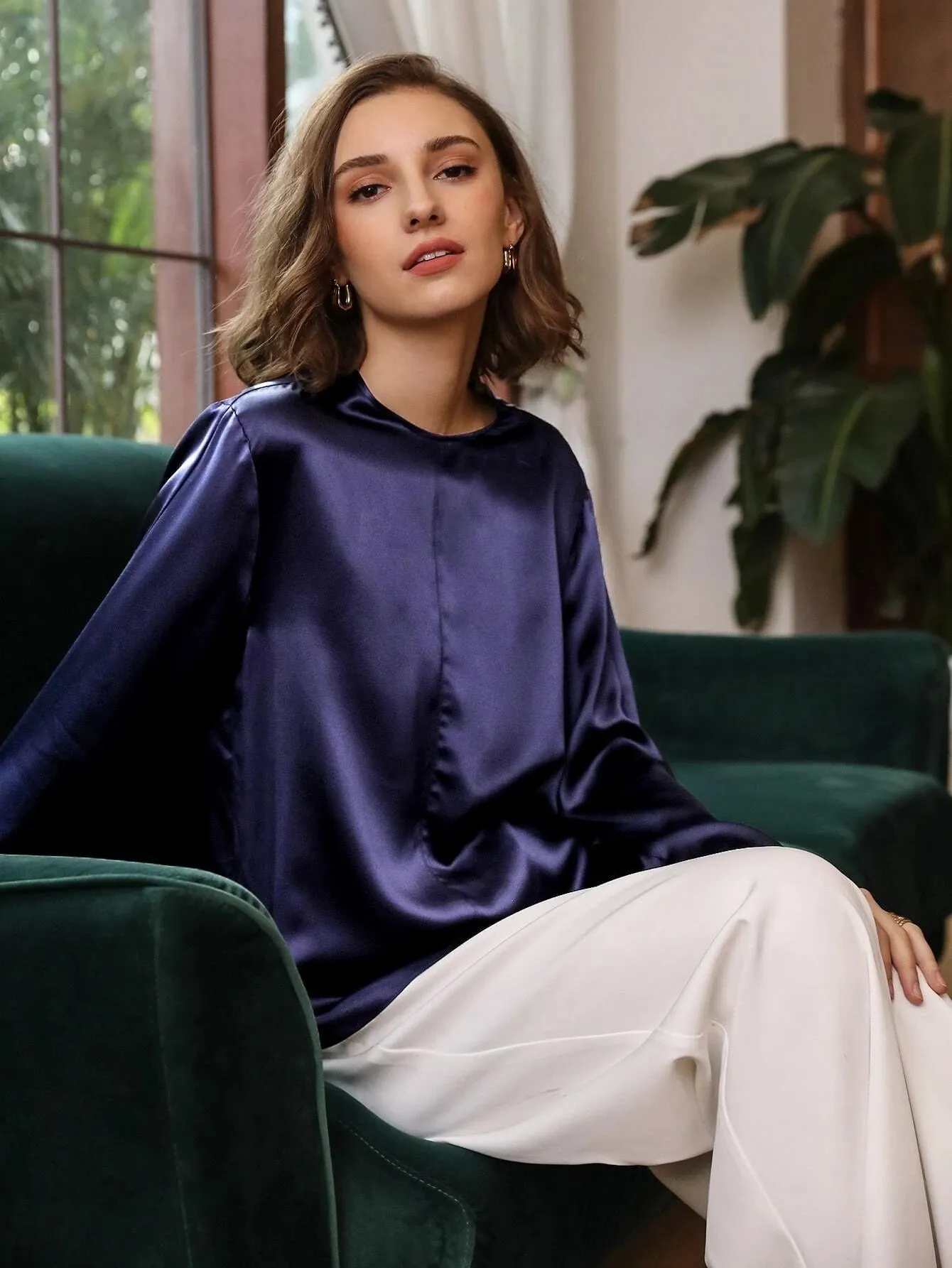 100% Silk Slit Sleeve Straight Fit Top Silk Blouse for Women
