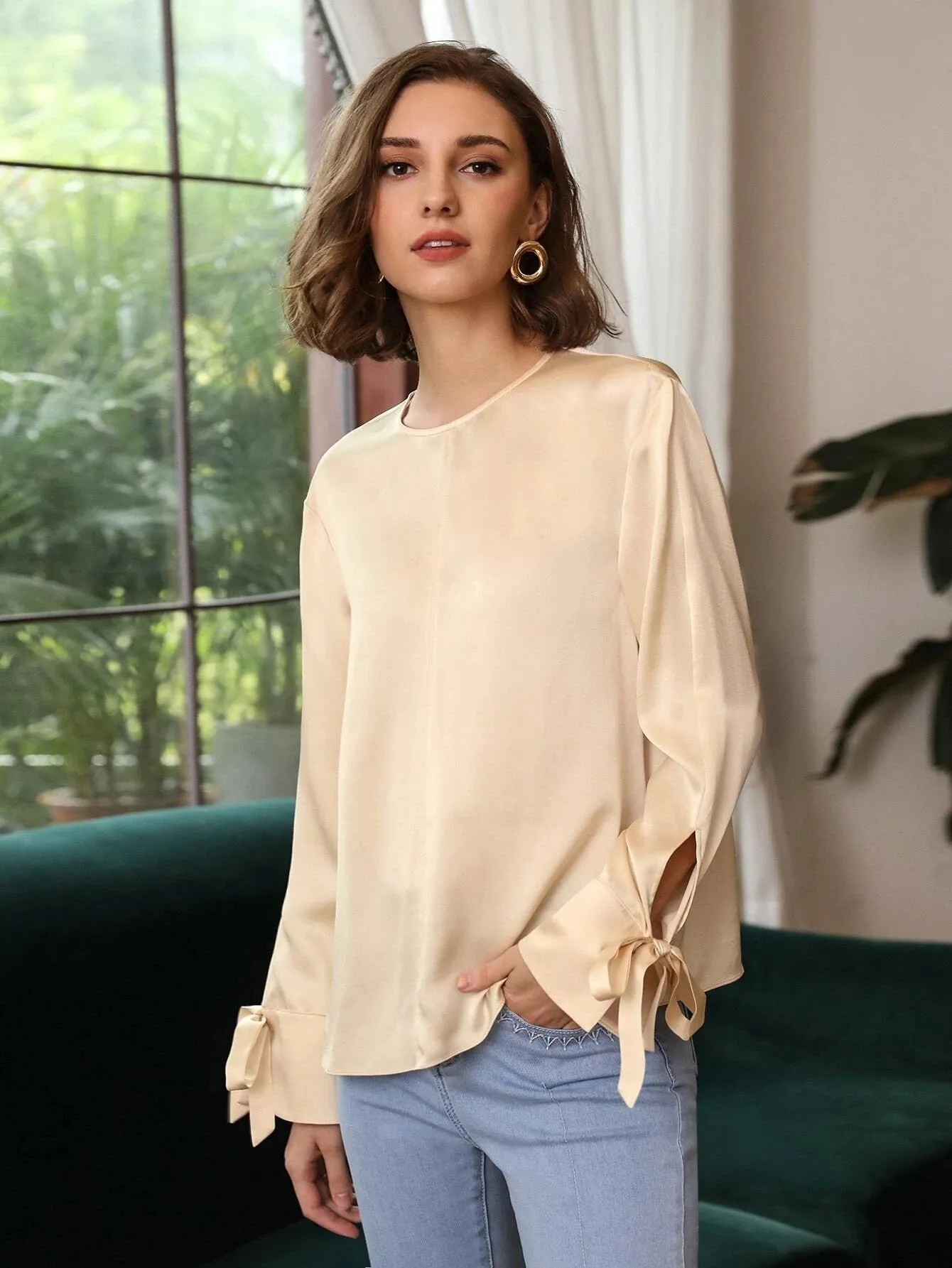 100% Silk Slit Sleeve Straight Fit Top Silk Blouse for Women