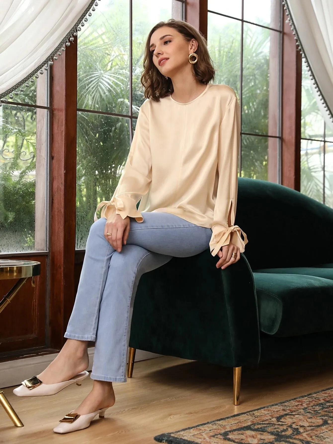 100% Silk Slit Sleeve Straight Fit Top Silk Blouse for Women