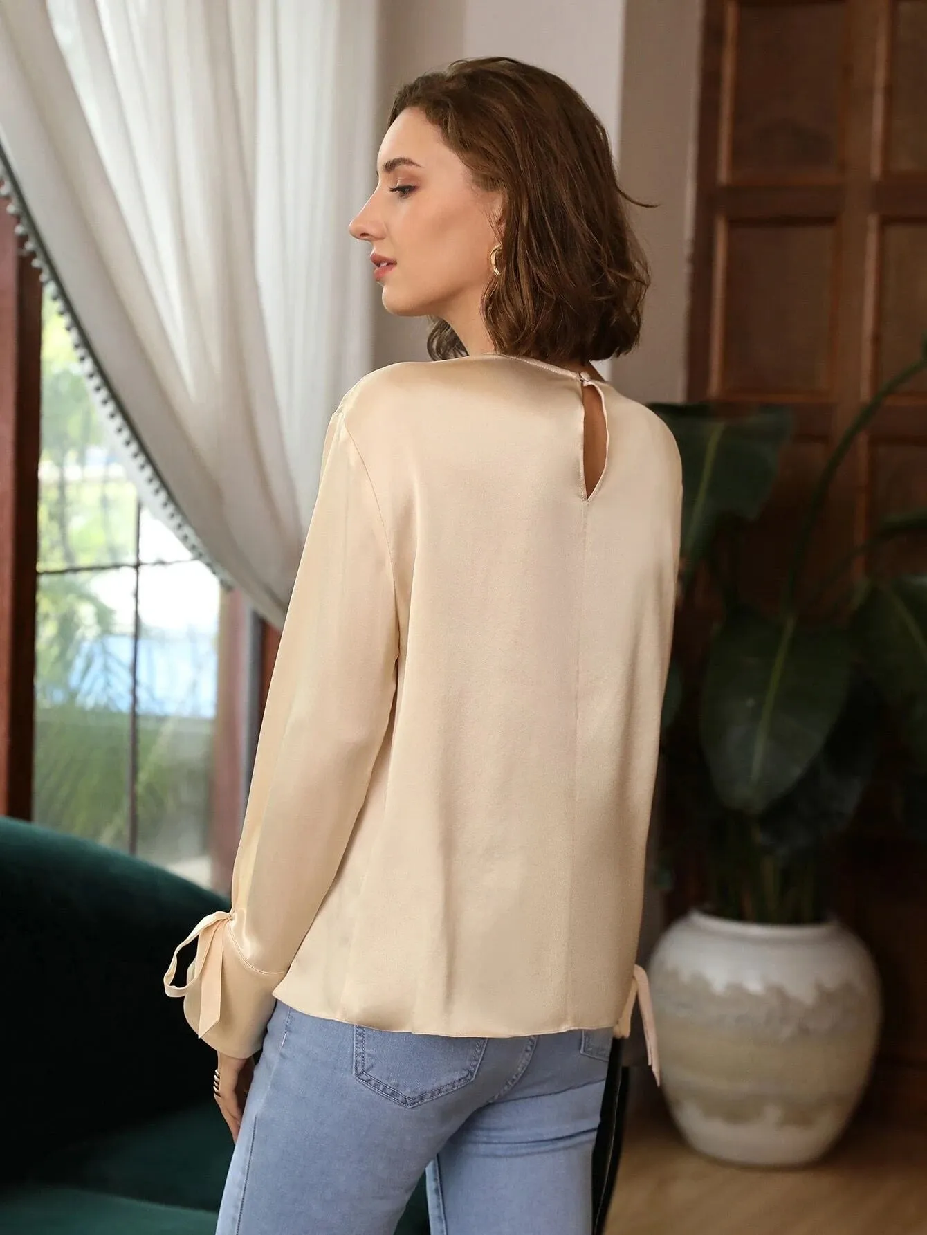 100% Silk Slit Sleeve Straight Fit Top Silk Blouse for Women