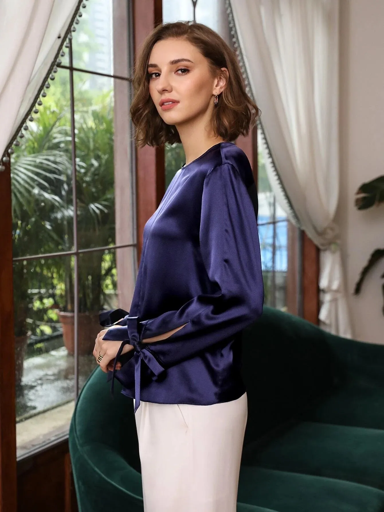 100% Silk Slit Sleeve Straight Fit Top Silk Blouse for Women