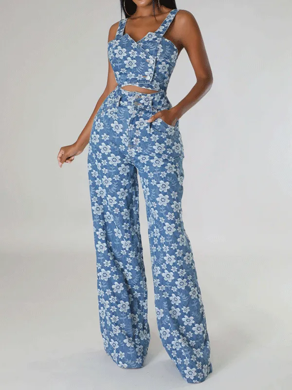2Pcs Spaghetti Crop Tops & Wide Leg Pants