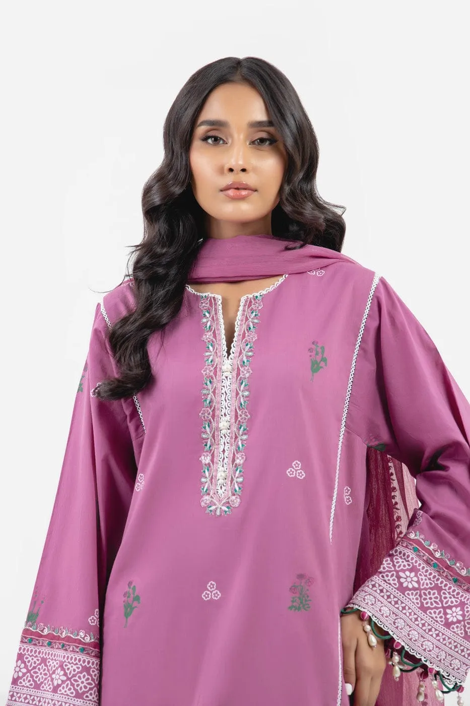 3 Pc Printed Light Cambric Shirt With Dyed Embroidered Chiffon Dupatta
