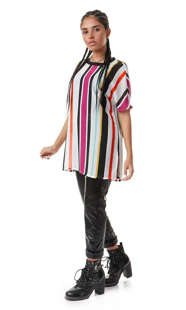 93122 Chiffon Striped Multicolour Round Neck Blouse