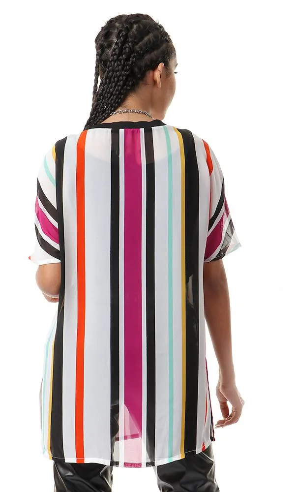 93122 Chiffon Striped Multicolour Round Neck Blouse