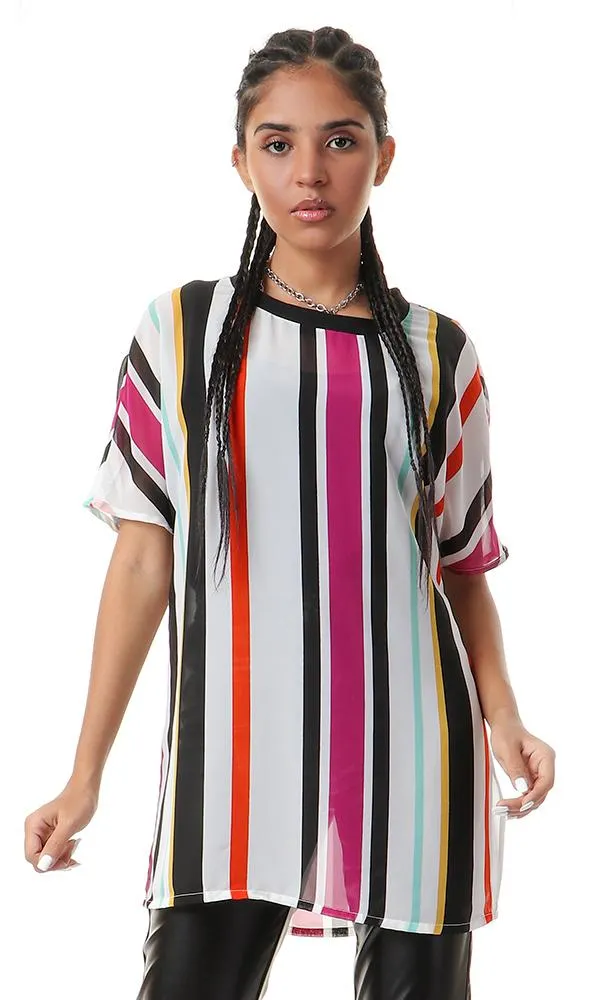 93122 Chiffon Striped Multicolour Round Neck Blouse