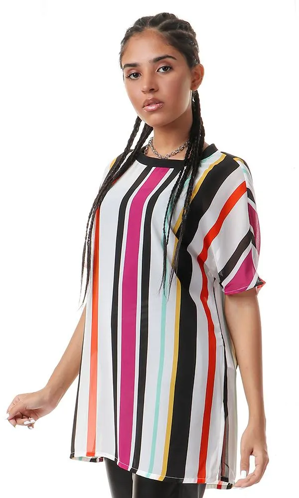 93122 Chiffon Striped Multicolour Round Neck Blouse