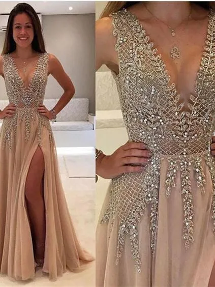 A-line Deep-V Floor-Length Chiffon Prom Dresses With Rhine Stones HX00162