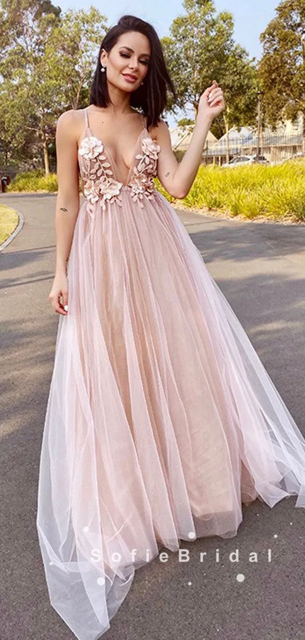 A-Line Deep V-Neck Spaghetti Straps Tulle Prom Dresses With Appliques,SFPD0048