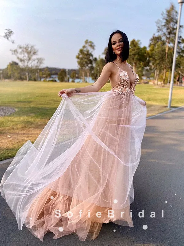 A-Line Deep V-Neck Spaghetti Straps Tulle Prom Dresses With Appliques,SFPD0048