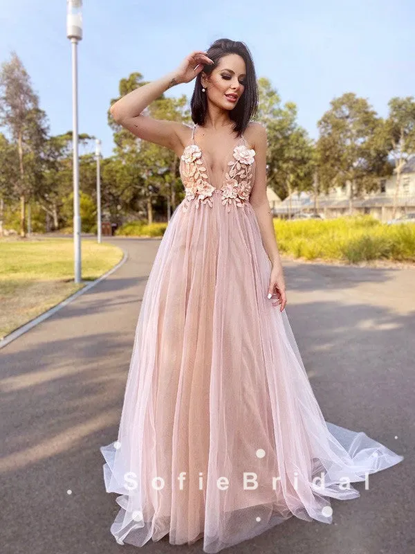 A-Line Deep V-Neck Spaghetti Straps Tulle Prom Dresses With Appliques,SFPD0048