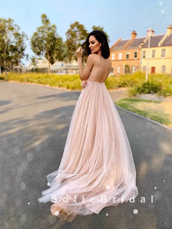 A-Line Deep V-Neck Spaghetti Straps Tulle Prom Dresses With Appliques,SFPD0048