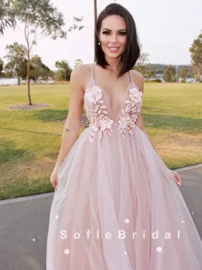 A-Line Deep V-Neck Spaghetti Straps Tulle Prom Dresses With Appliques,SFPD0048