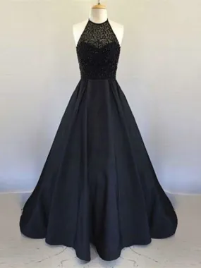 A-line Halter Floor-Length Satin Beaded Black Prom Dresses ABC00024