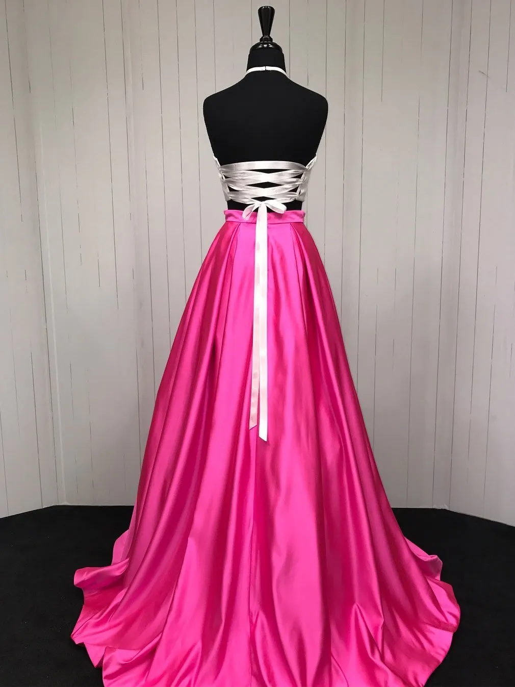 A-line Halter Sweep Train Satin Two Piece Lace Up Prom Dress 3042