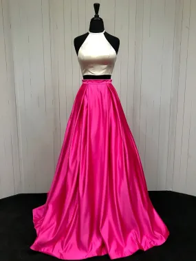 A-line Halter Sweep Train Satin Two Piece Lace Up Prom Dress 3042