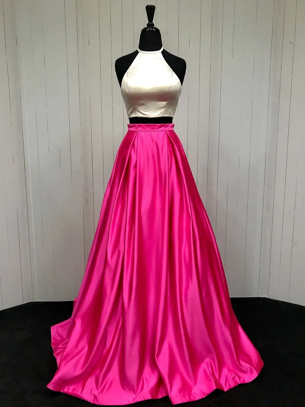 A-line Halter Sweep Train Satin Two Piece Lace Up Prom Dress 3042