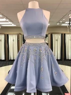A-line Scoop-Neck Mini Satin Short Two Piece Homecoming Dresses With Rhine Stones APD2746