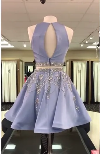 A-line Scoop-Neck Mini Satin Short Two Piece Homecoming Dresses With Rhine Stones APD2746