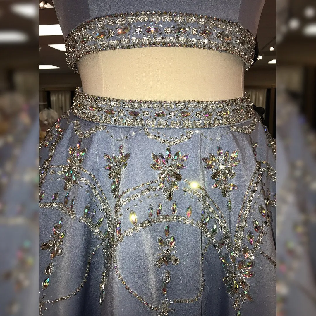 A-line Scoop-Neck Mini Satin Short Two Piece Homecoming Dresses With Rhine Stones APD2746