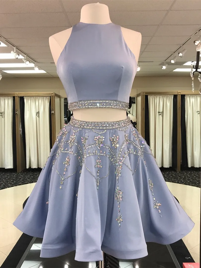 A-line Scoop-Neck Mini Satin Short Two Piece Homecoming Dresses With Rhine Stones APD2746