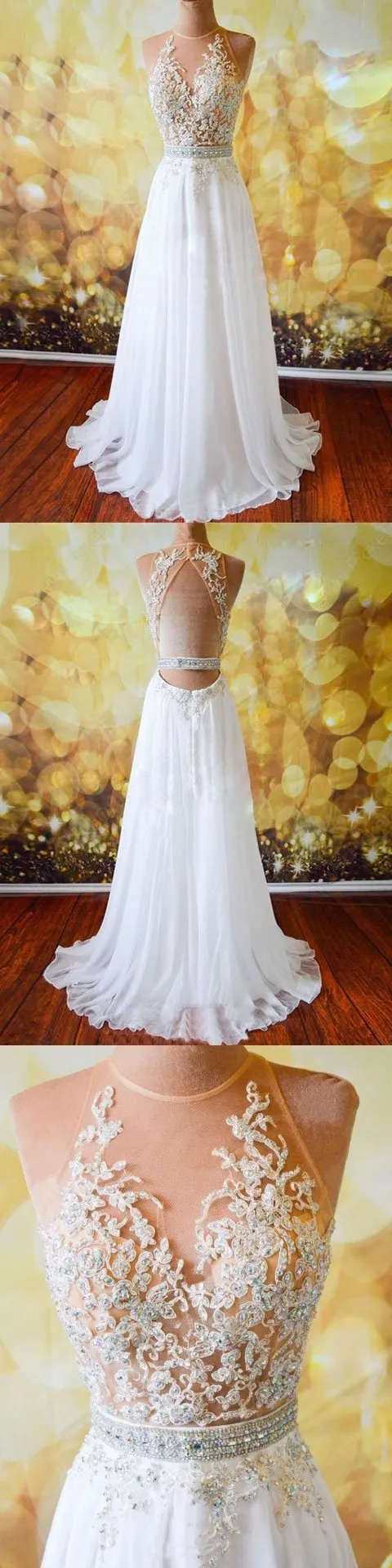A-line Sweetheart Sweep Train Chiffon Beaded Appliqued Prom Dresses 2880