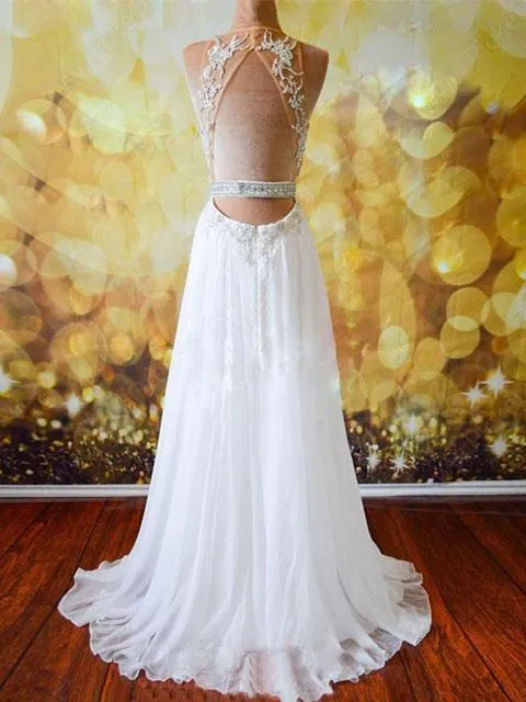 A-line Sweetheart Sweep Train Chiffon Beaded Appliqued Prom Dresses 2880