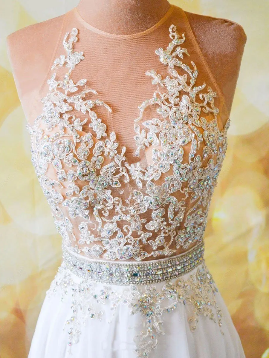 A-line Sweetheart Sweep Train Chiffon Beaded Appliqued Prom Dresses 2880