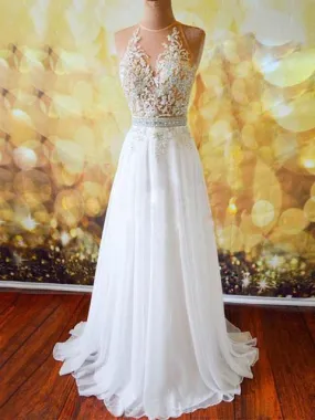 A-line Sweetheart Sweep Train Chiffon Beaded Appliqued Prom Dresses 2880