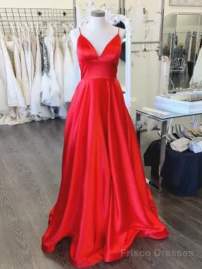 A Line V Neck Red Long Prom Dresses, Red V Neck Long Formal Evening Bridesmaid Dresses