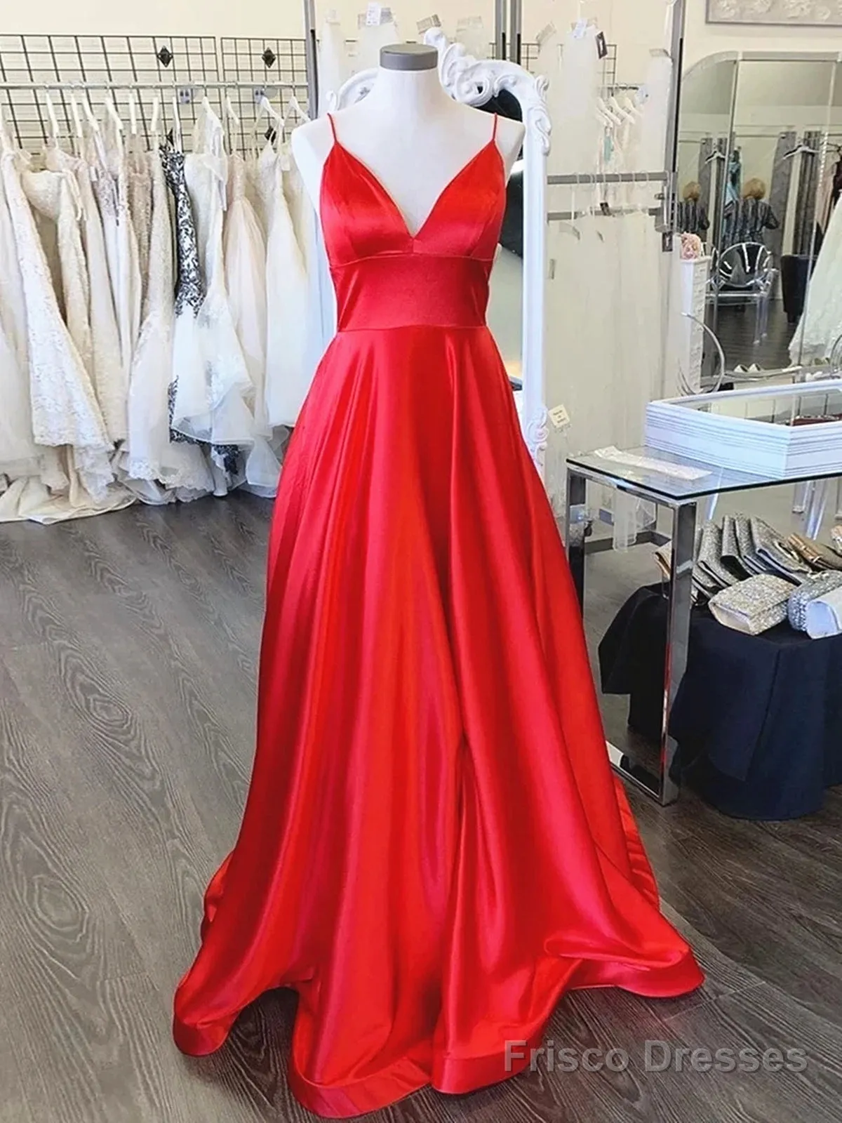 A Line V Neck Red Long Prom Dresses, Red V Neck Long Formal Evening Bridesmaid Dresses