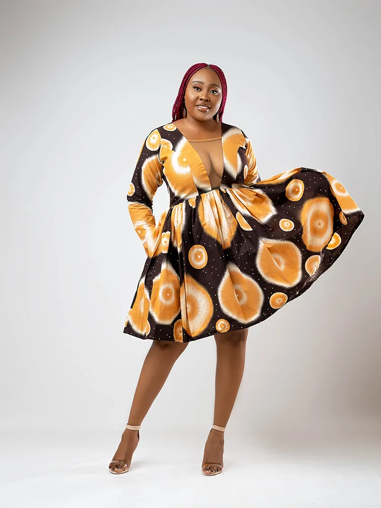 African Print Elombe Pleated long sleeve dress