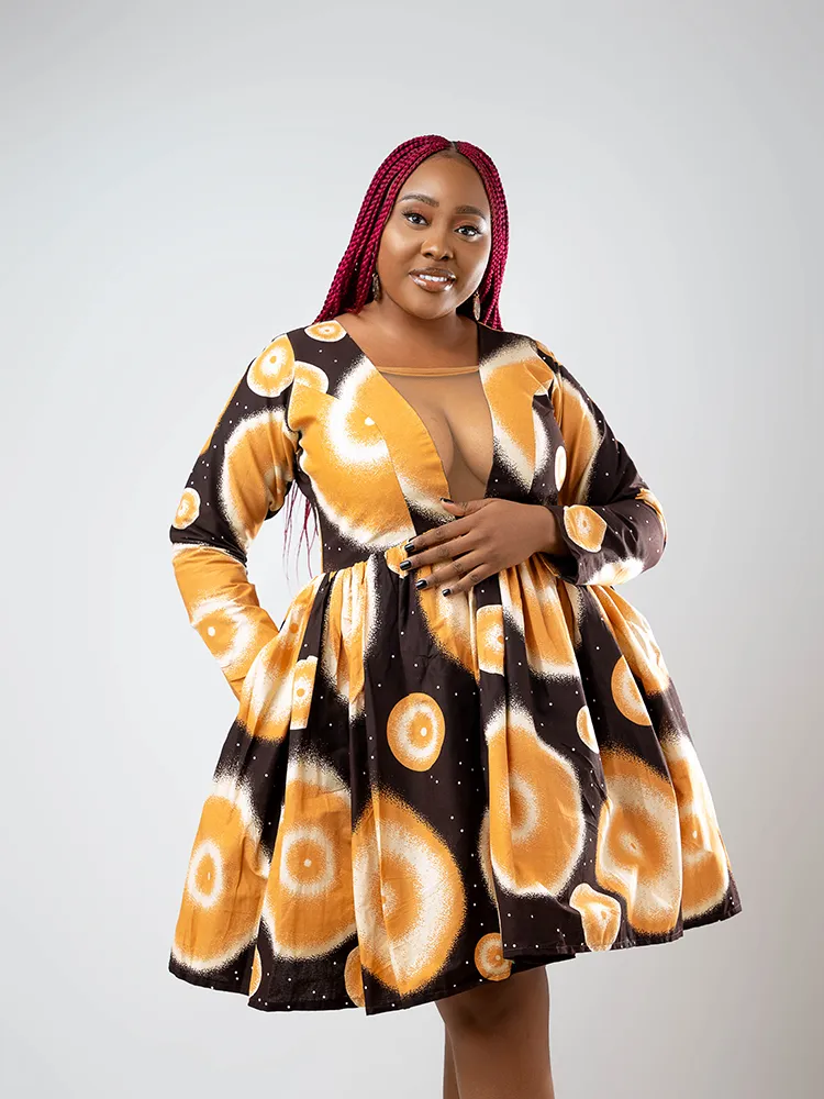 African Print Elombe Pleated long sleeve dress