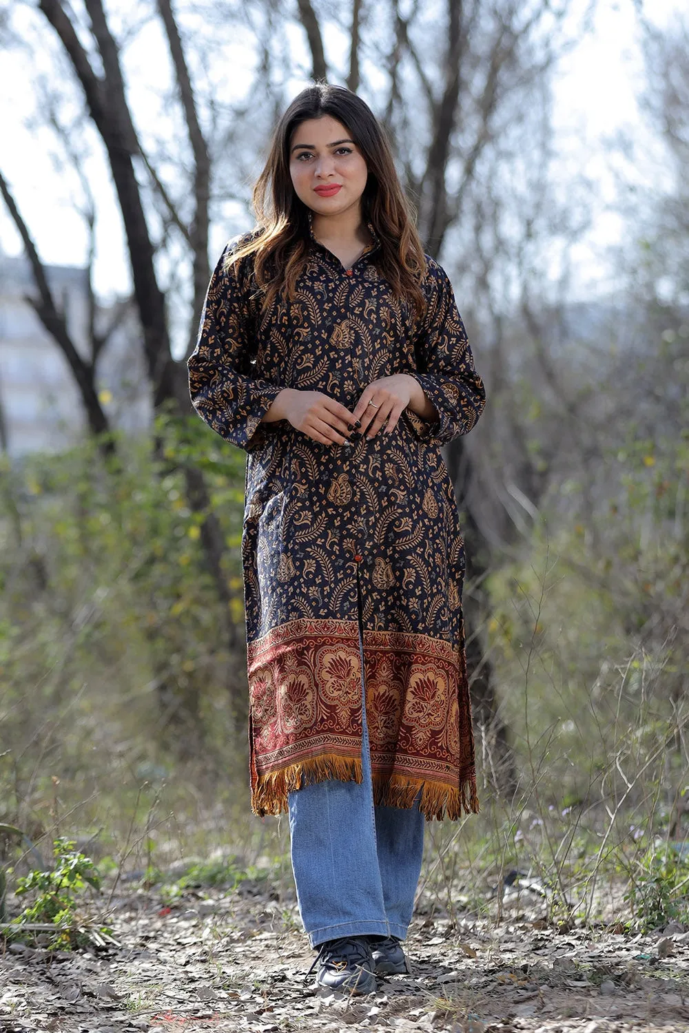 Alluring Navy Blue Color Kashmiri Woven Sherwani Kurti With Paisleys Pattern