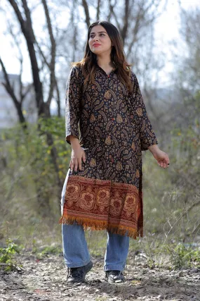 Alluring Navy Blue Color Kashmiri Woven Sherwani Kurti With Paisleys Pattern