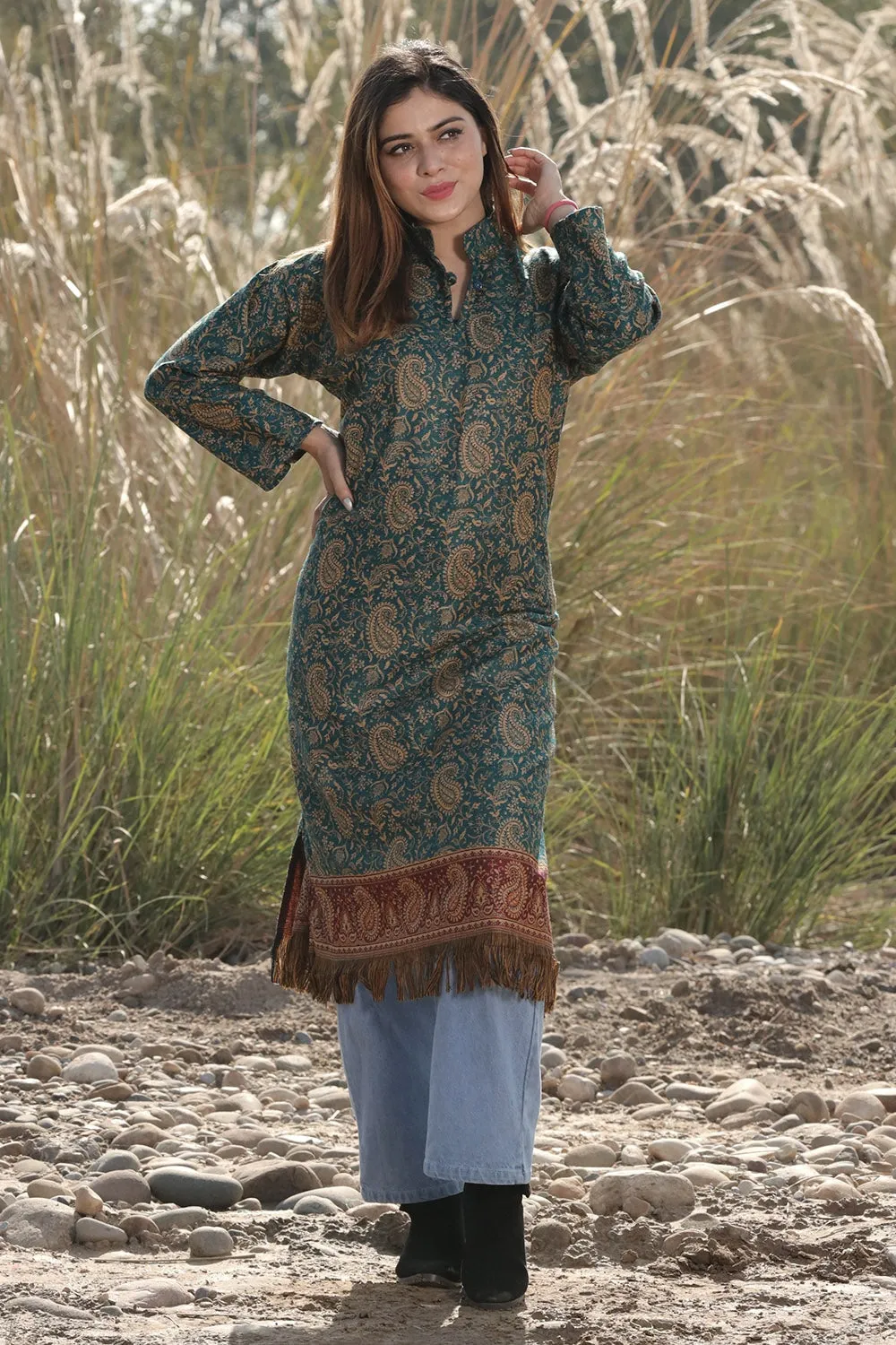 BEAUTIFUL TURQUOISE BLUE COLOUR KASHMIRI WOVEN KURTA WITH NEW DESIGNER PAISLEYS PATTERN