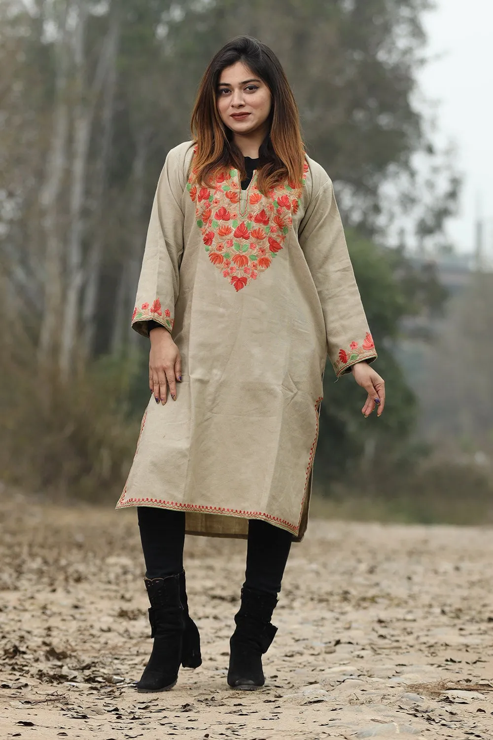 Beige Color Aari Work Embroidered Kurti With New Designer Floral Pattern